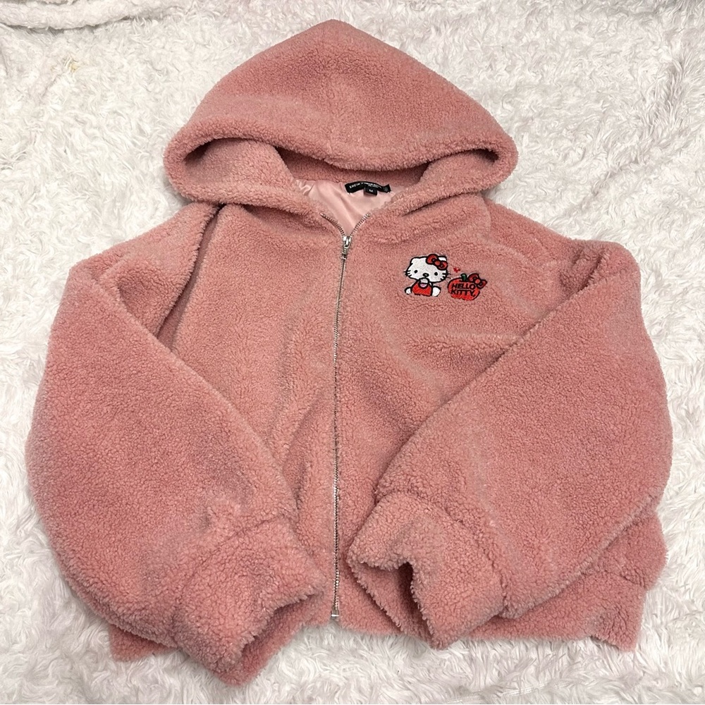 Hello kitty sanrio pink Sherpa zip up jacket with hood